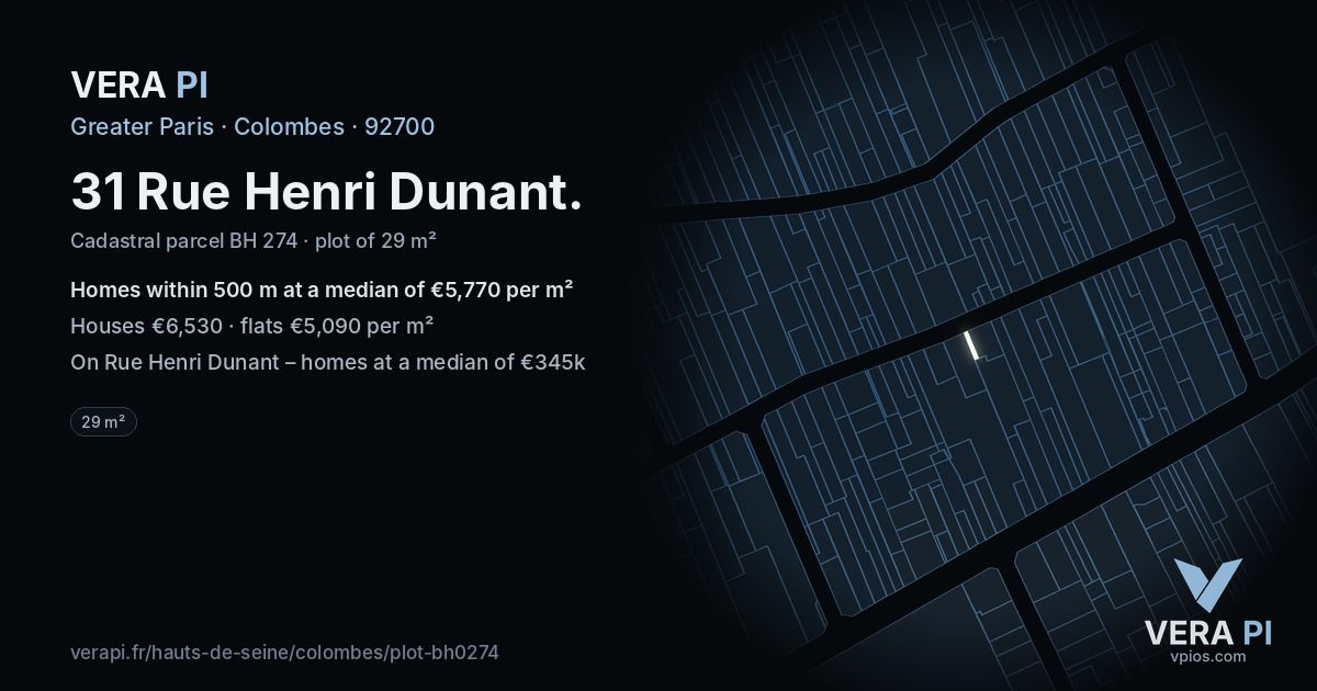31 Rue Henri Dunant, Colombes at night – the plot lit, the parcels around coloured by the prices near them