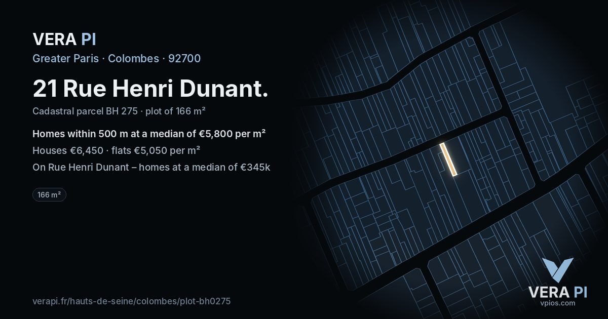 21 Rue Henri Dunant, Colombes at night – the plot lit, the parcels around coloured by the prices near them