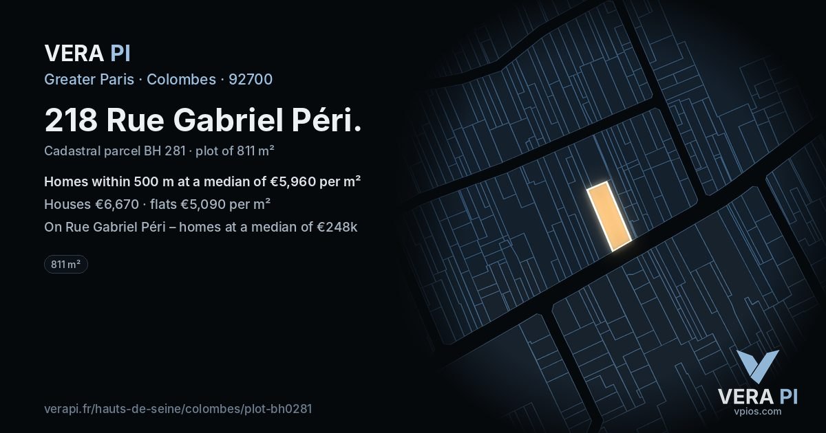 218 Rue Gabriel Péri, Colombes at night – the plot lit, the parcels around coloured by the prices near them
