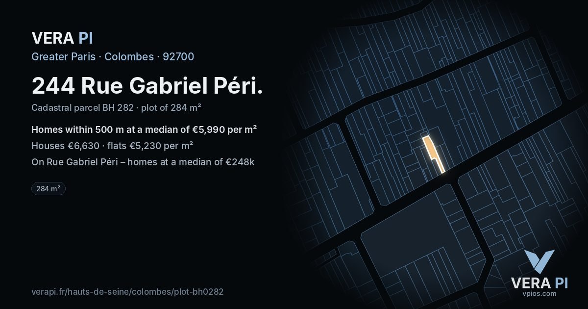 244 Rue Gabriel Péri, Colombes at night – the plot lit, the parcels around coloured by the prices near them
