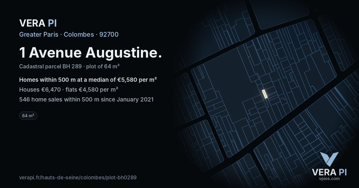1 Avenue Augustine, Colombes at night – the plot lit, the parcels around coloured by the prices near them