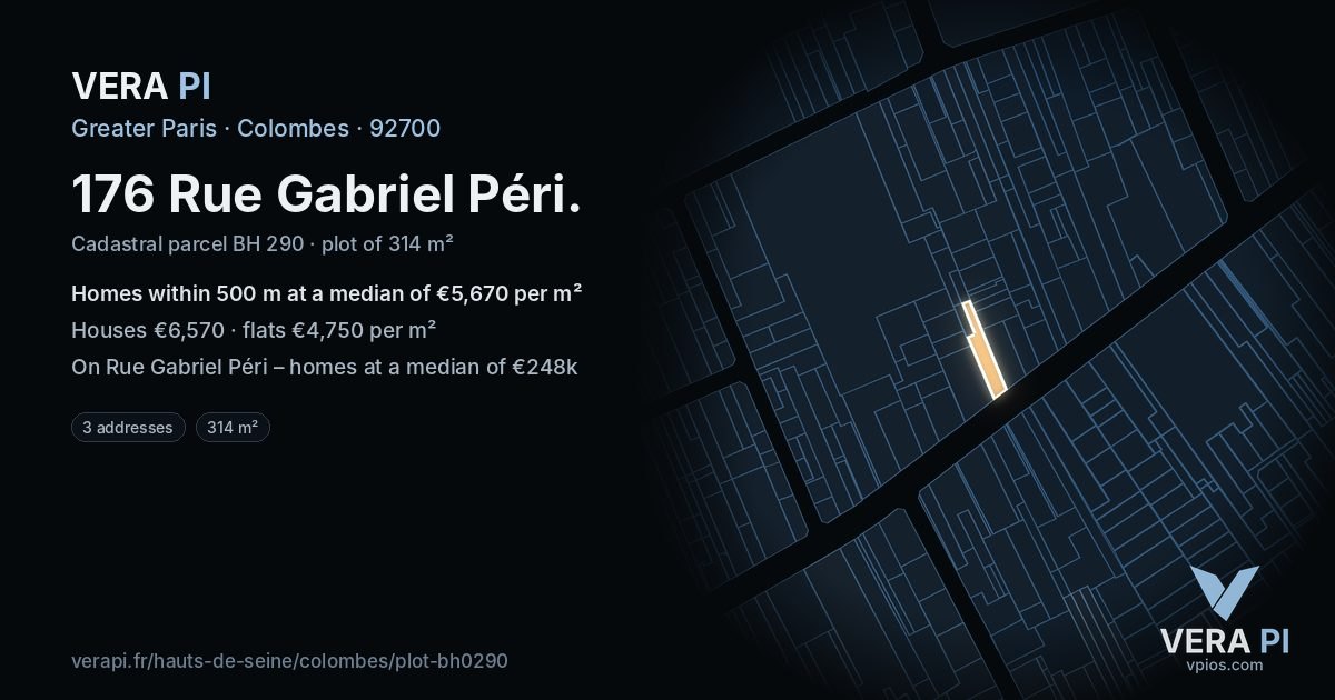 176 Rue Gabriel Péri, Colombes at night – the plot lit, the parcels around coloured by the prices near them