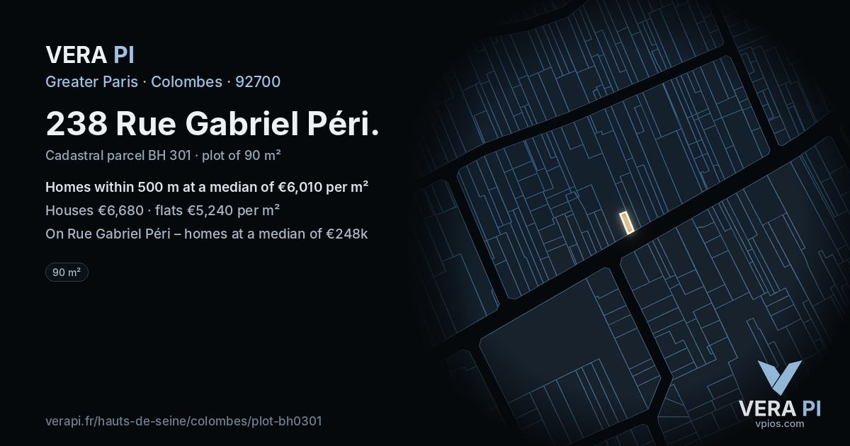 238 Rue Gabriel Péri, Colombes at night – the plot lit, the parcels around coloured by the prices near them