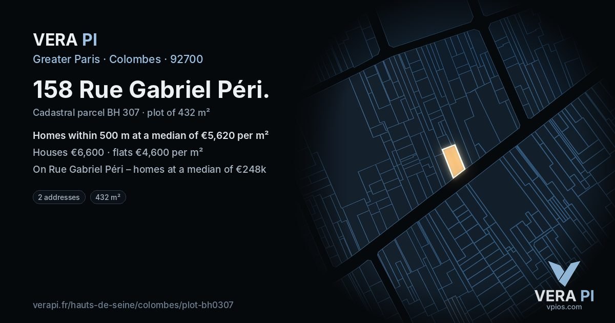 158 Rue Gabriel Péri, Colombes at night – the plot lit, the parcels around coloured by the prices near them