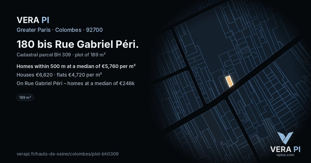 180 bis Rue Gabriel Péri, Colombes at night – the plot lit, the parcels around coloured by the prices near them