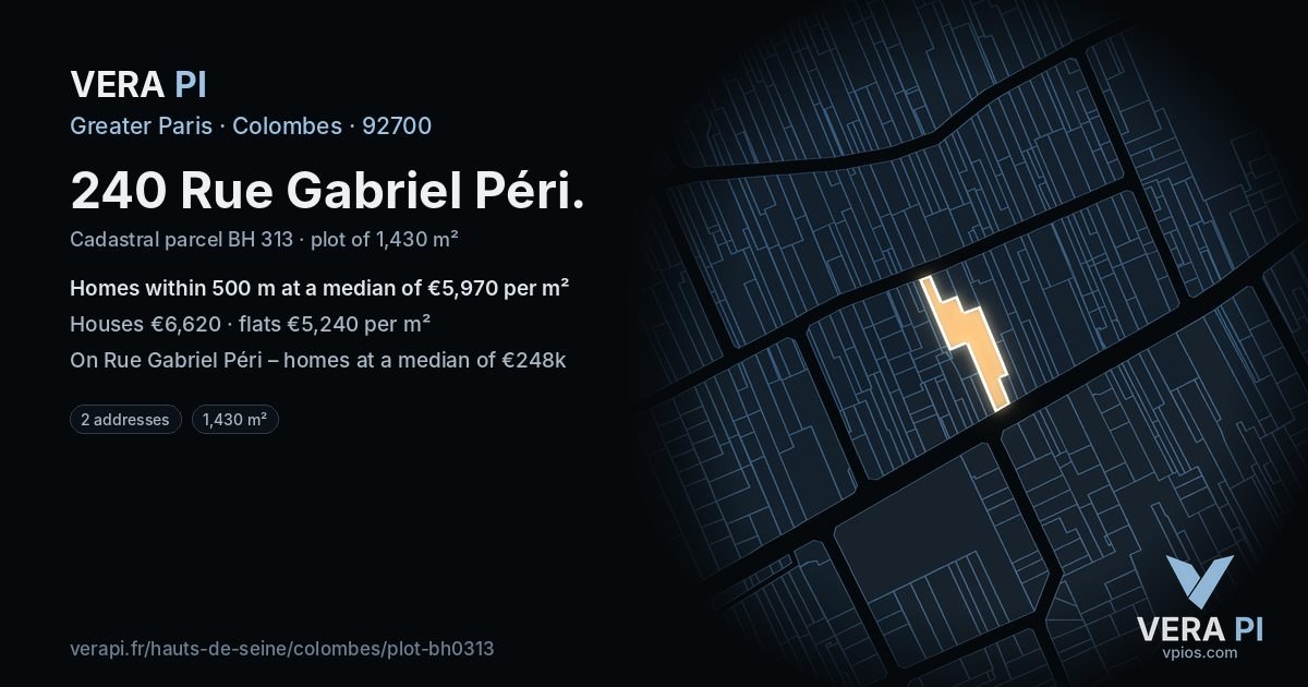 240 Rue Gabriel Péri, Colombes at night – the plot lit, the parcels around coloured by the prices near them