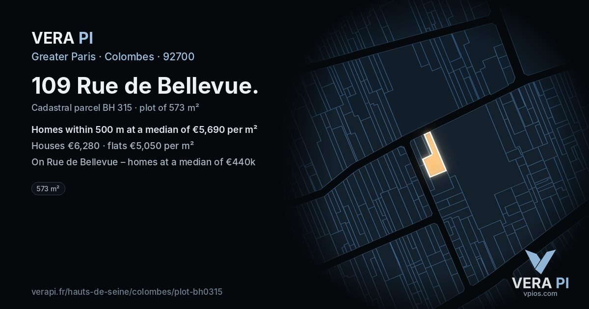 109 Rue de Bellevue, Colombes at night – the plot lit, the parcels around coloured by the prices near them