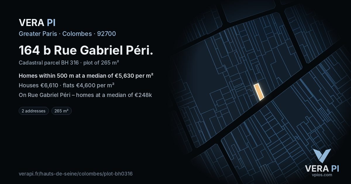 164 b Rue Gabriel Péri, Colombes at night – the plot lit, the parcels around coloured by the prices near them