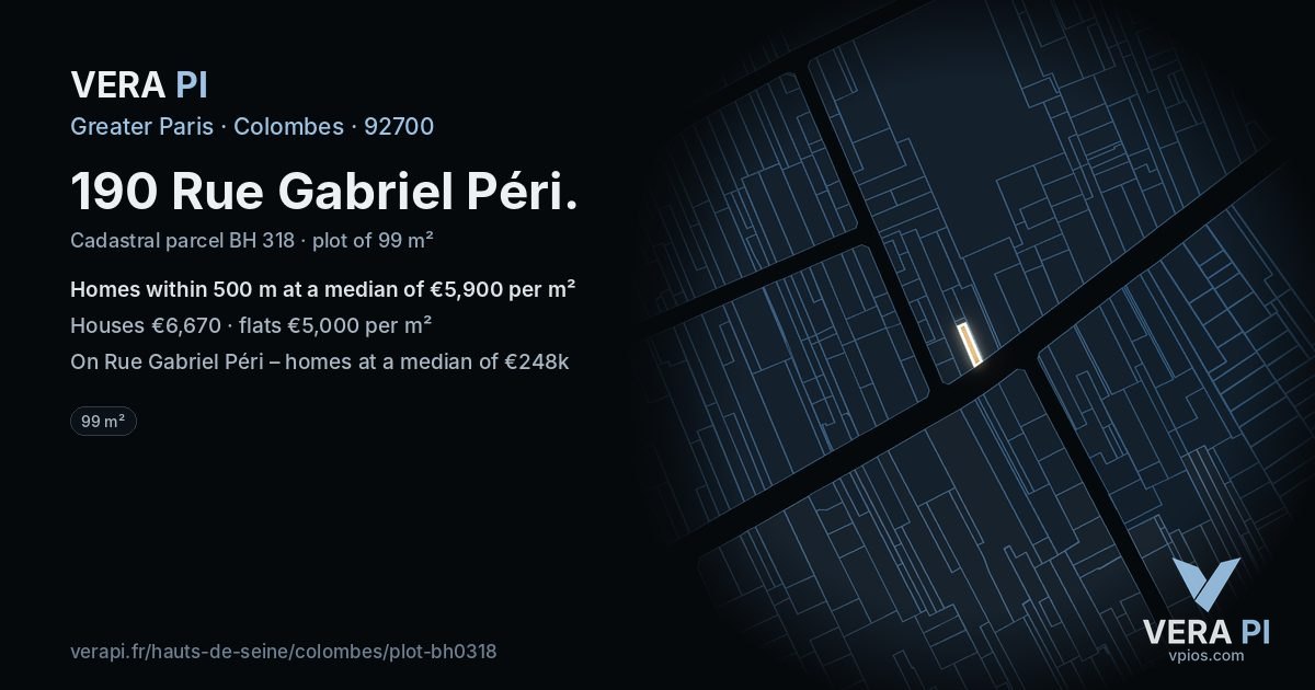 190 Rue Gabriel Péri, Colombes at night – the plot lit, the parcels around coloured by the prices near them