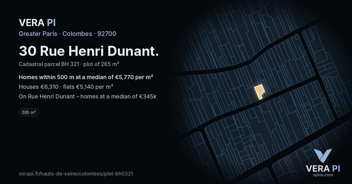 30 Rue Henri Dunant, Colombes at night – the plot lit, the parcels around coloured by the prices near them
