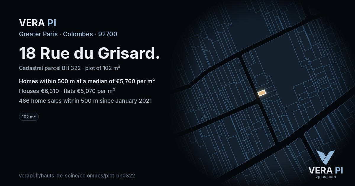 18 Rue du Grisard, Colombes at night – the plot lit, the parcels around coloured by the prices near them