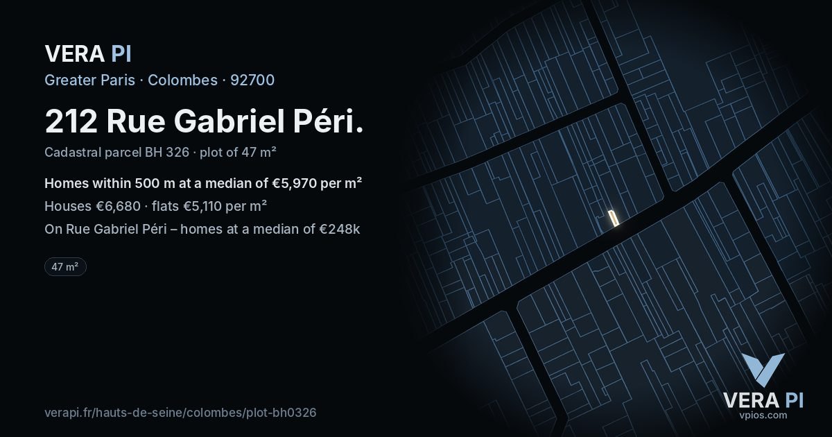 212 Rue Gabriel Péri, Colombes at night – the plot lit, the parcels around coloured by the prices near them
