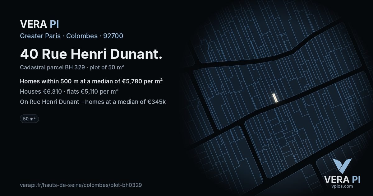 40 Rue Henri Dunant, Colombes at night – the plot lit, the parcels around coloured by the prices near them