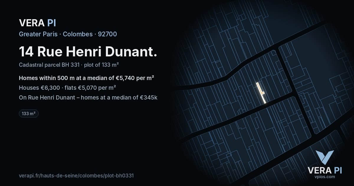 14 Rue Henri Dunant, Colombes at night – the plot lit, the parcels around coloured by the prices near them
