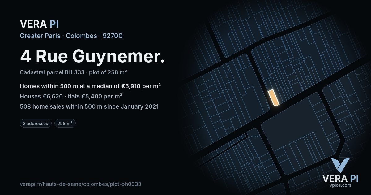 4 Rue Guynemer, Colombes at night – the plot lit, the parcels around coloured by the prices near them