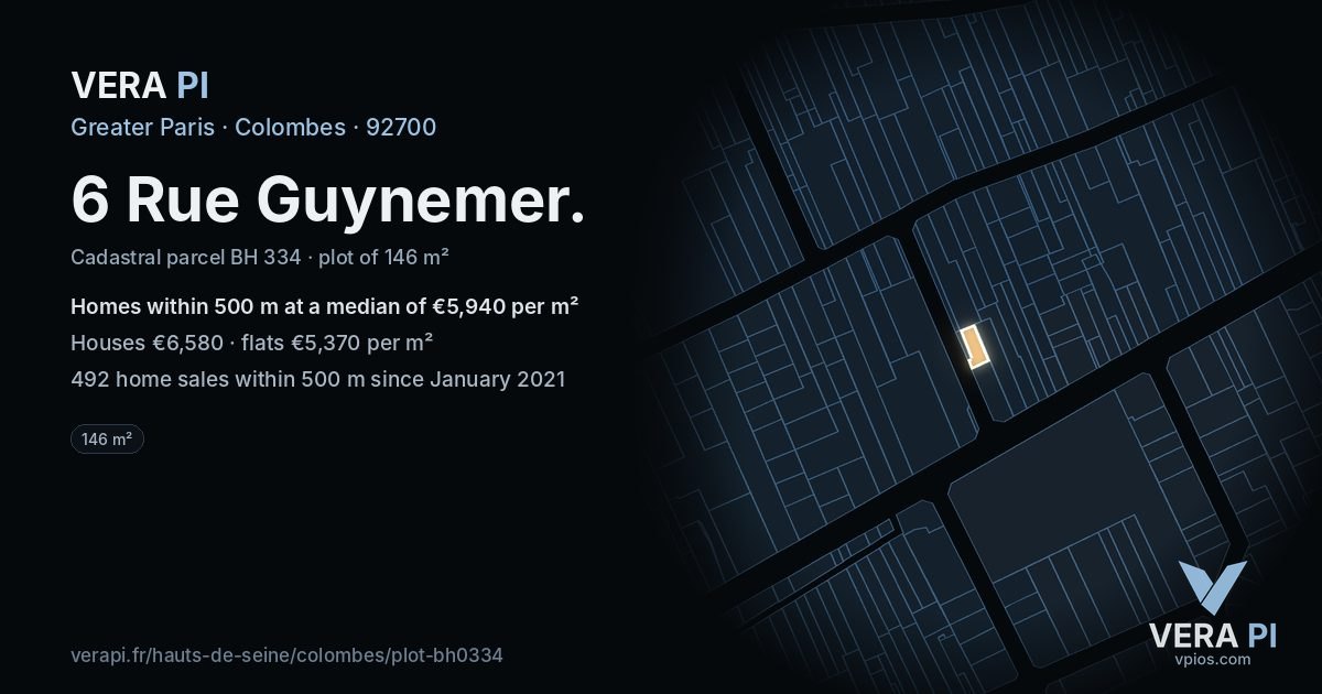 6 Rue Guynemer, Colombes at night – the plot lit, the parcels around coloured by the prices near them