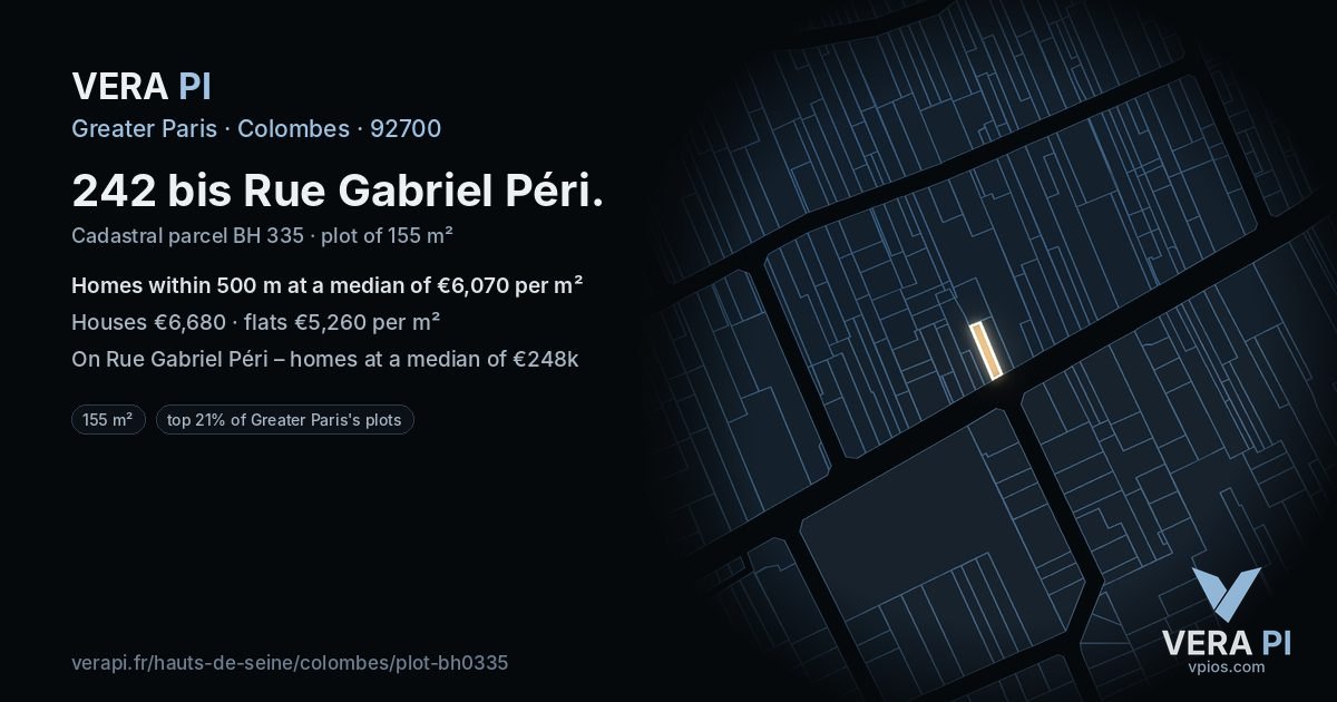 242 bis Rue Gabriel Péri, Colombes at night – the plot lit, the parcels around coloured by the prices near them