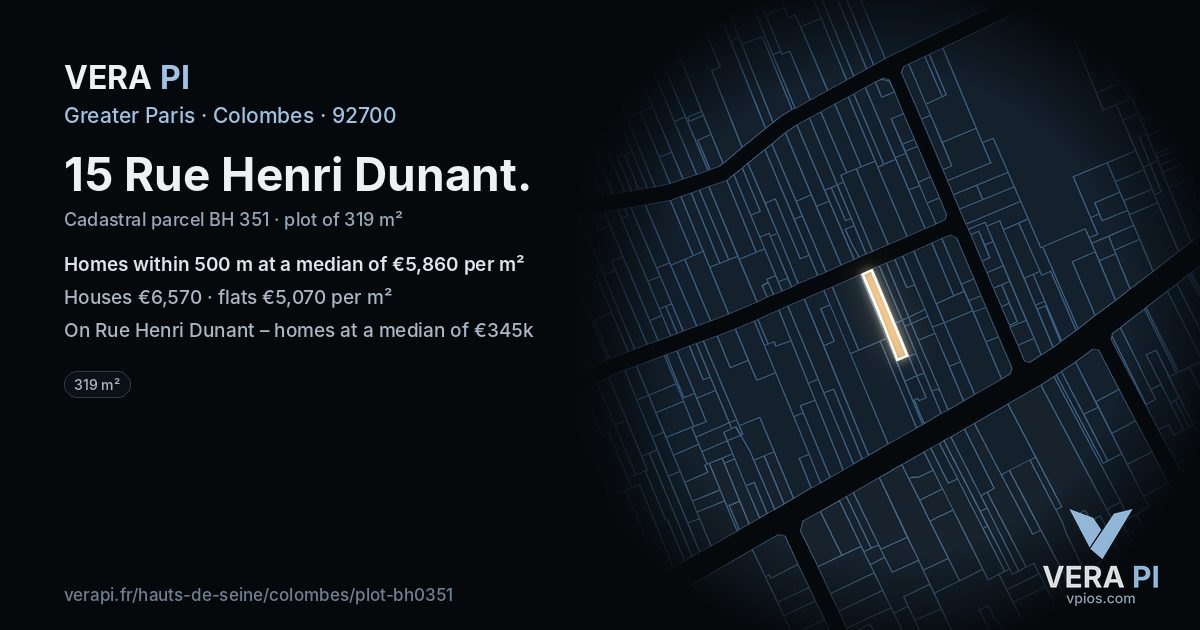 15 Rue Henri Dunant, Colombes at night – the plot lit, the parcels around coloured by the prices near them