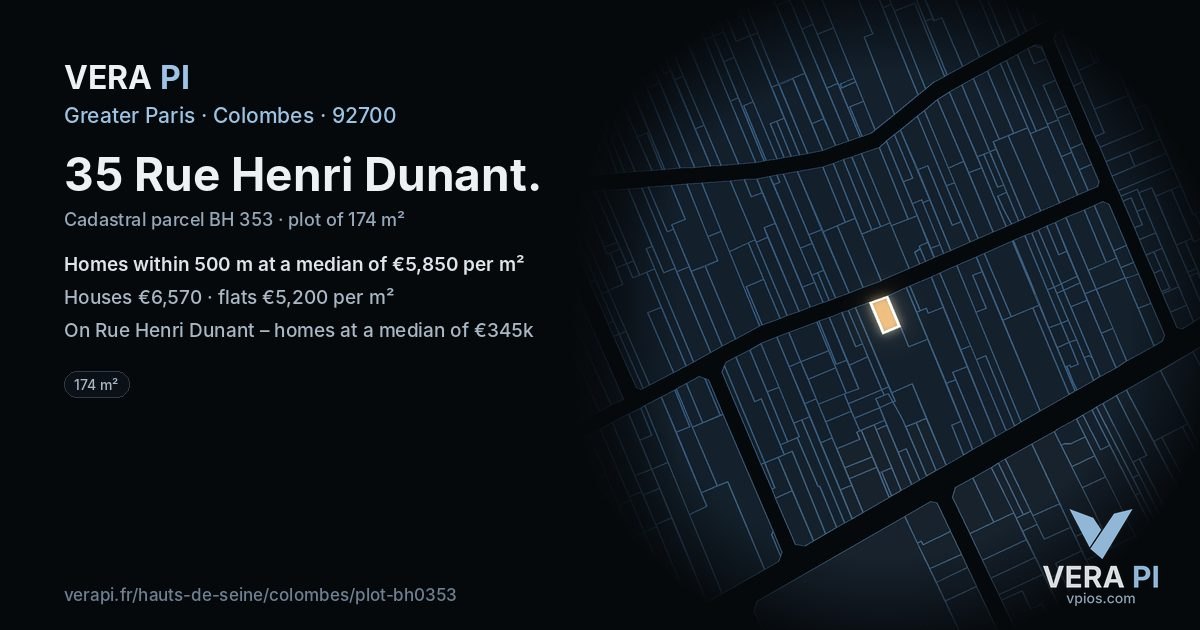35 Rue Henri Dunant, Colombes at night – the plot lit, the parcels around coloured by the prices near them