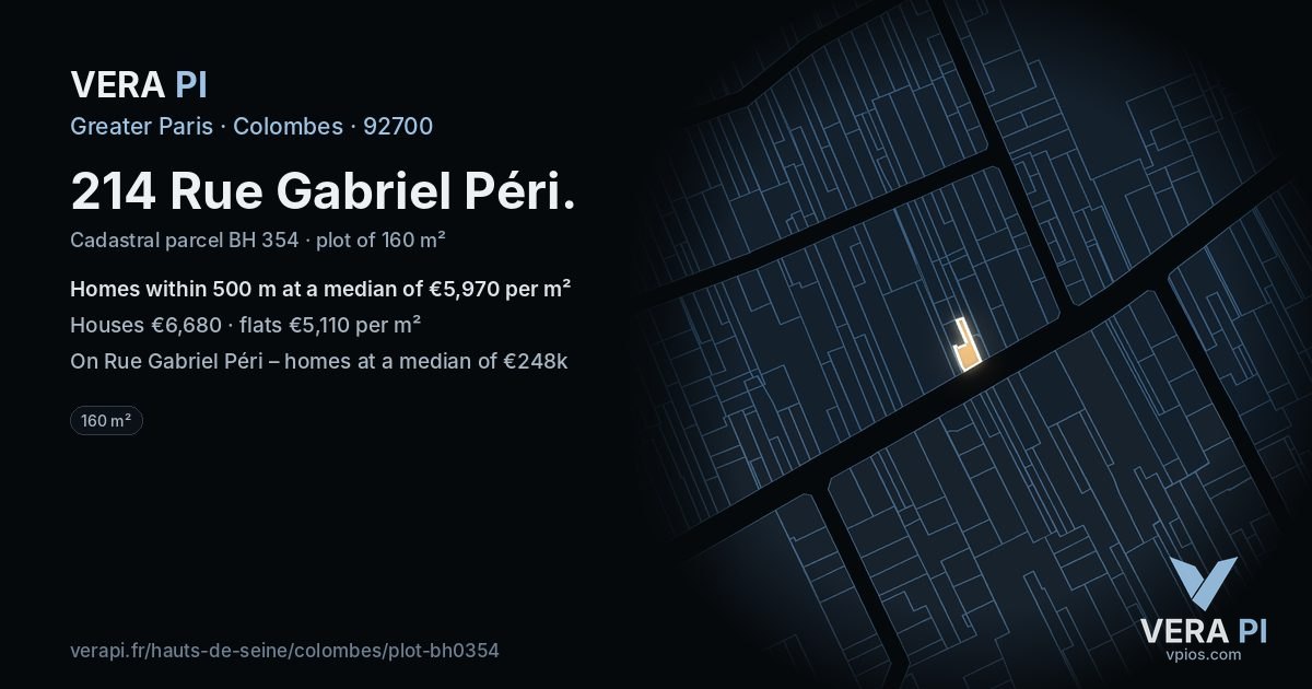 214 Rue Gabriel Péri, Colombes at night – the plot lit, the parcels around coloured by the prices near them