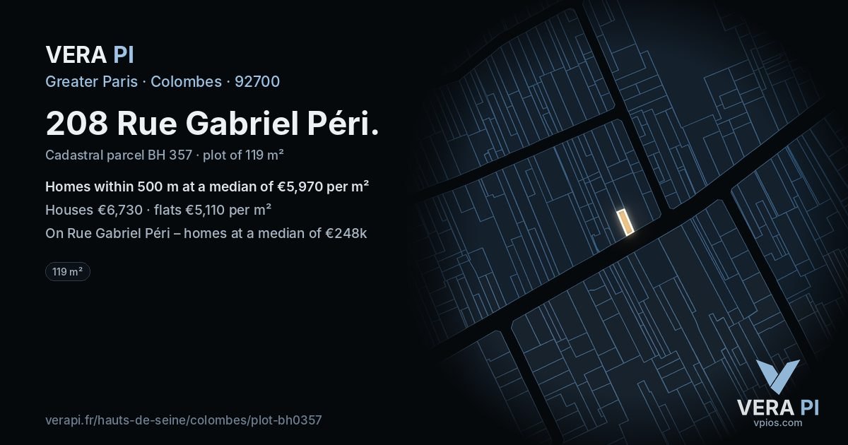 208 Rue Gabriel Péri, Colombes at night – the plot lit, the parcels around coloured by the prices near them