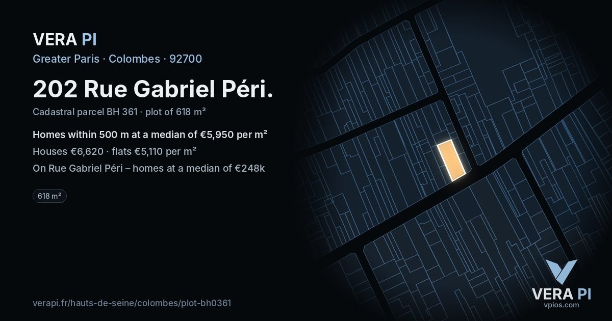202 Rue Gabriel Péri, Colombes at night – the plot lit, the parcels around coloured by the prices near them