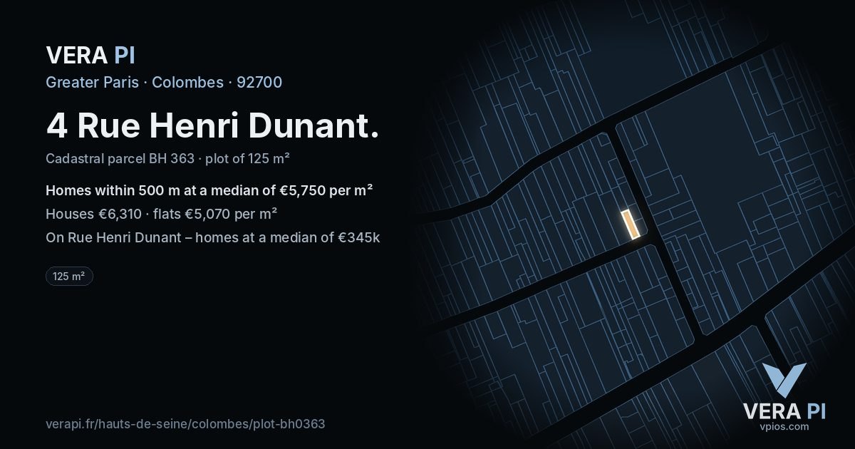 4 Rue Henri Dunant, Colombes at night – the plot lit, the parcels around coloured by the prices near them