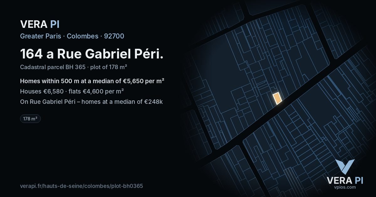 164 a Rue Gabriel Péri, Colombes at night – the plot lit, the parcels around coloured by the prices near them