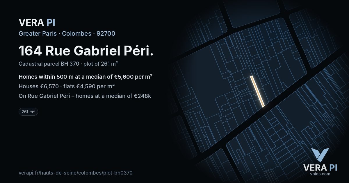 164 Rue Gabriel Péri, Colombes at night – the plot lit, the parcels around coloured by the prices near them