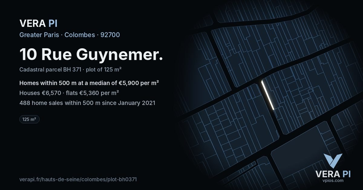 10 Rue Guynemer, Colombes at night – the plot lit, the parcels around coloured by the prices near them