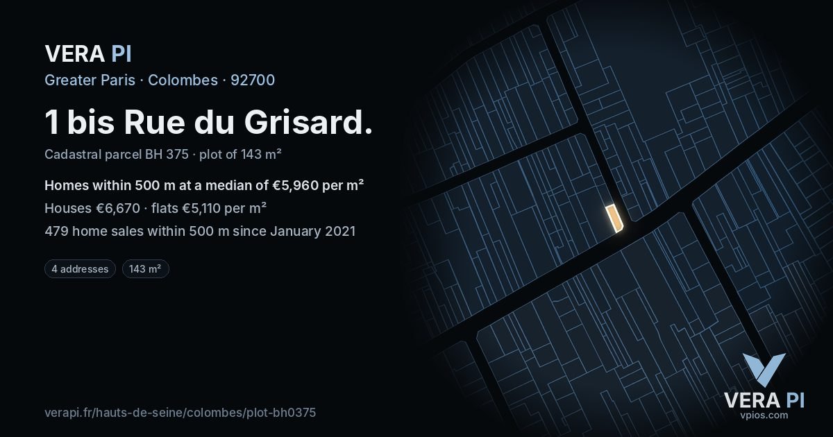 1 bis Rue du Grisard, Colombes at night – the plot lit, the parcels around coloured by the prices near them