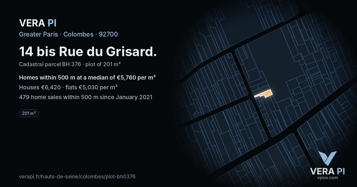 14 bis Rue du Grisard, Colombes at night – the plot lit, the parcels around coloured by the prices near them