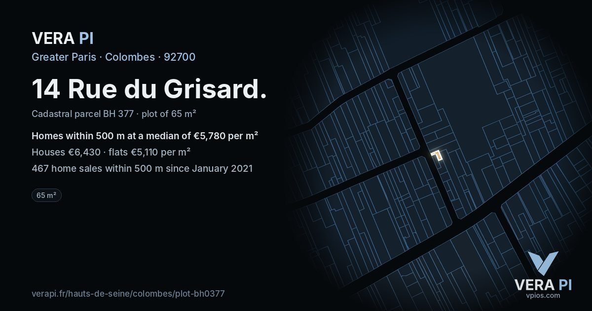 14 Rue du Grisard, Colombes at night – the plot lit, the parcels around coloured by the prices near them