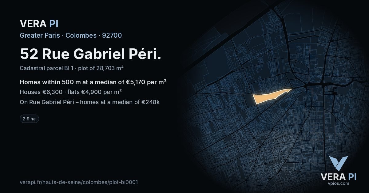 52 Rue Gabriel Péri, Colombes at night – the plot lit, the parcels around coloured by the prices near them