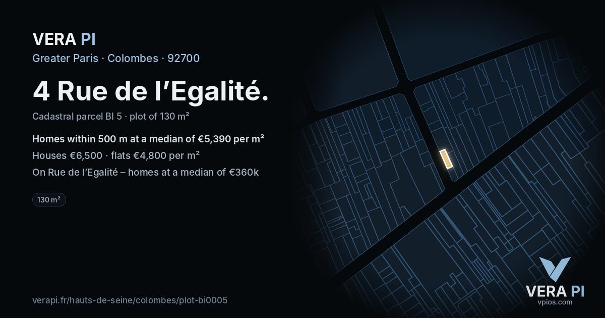 4 Rue de l’Egalité, Colombes at night – the plot lit, the parcels around coloured by the prices near them