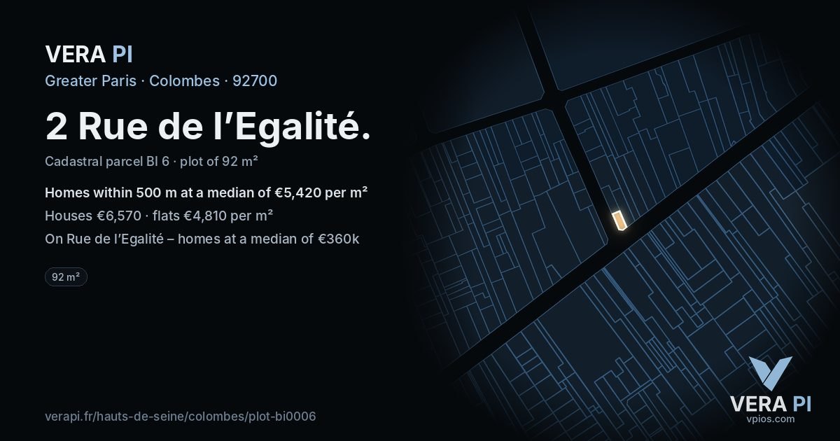 2 Rue de l’Egalité, Colombes at night – the plot lit, the parcels around coloured by the prices near them