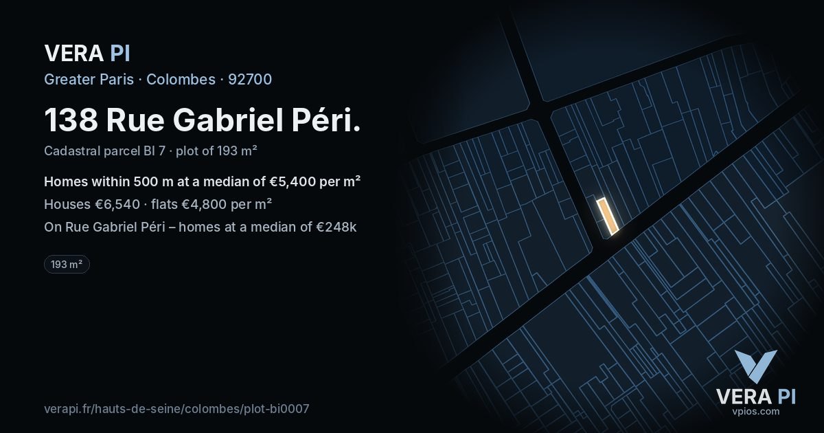 138 Rue Gabriel Péri, Colombes at night – the plot lit, the parcels around coloured by the prices near them