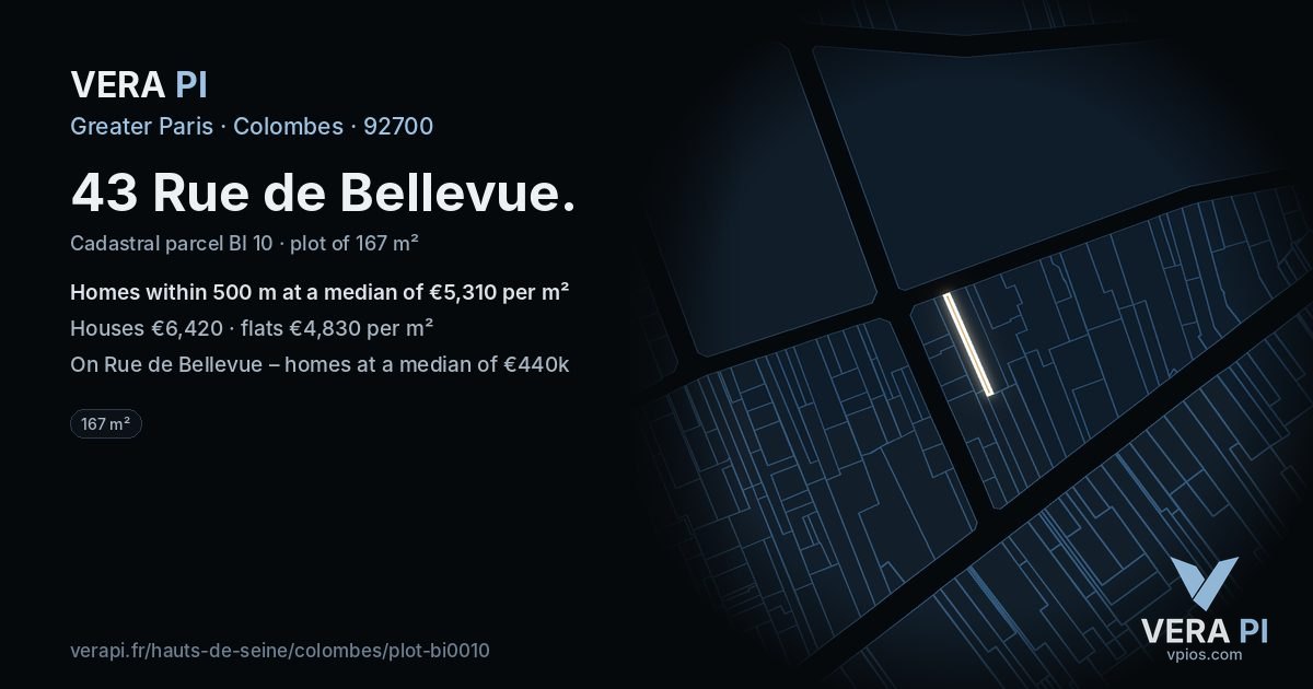43 Rue de Bellevue, Colombes at night – the plot lit, the parcels around coloured by the prices near them