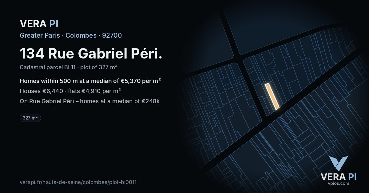 134 Rue Gabriel Péri, Colombes at night – the plot lit, the parcels around coloured by the prices near them