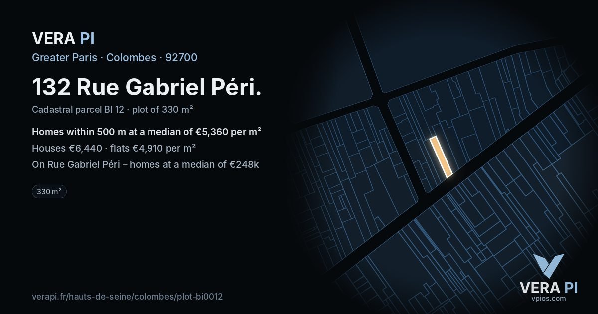 132 Rue Gabriel Péri, Colombes at night – the plot lit, the parcels around coloured by the prices near them