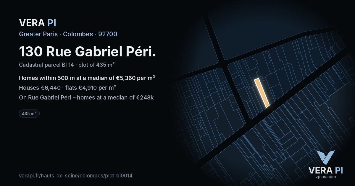130 Rue Gabriel Péri, Colombes at night – the plot lit, the parcels around coloured by the prices near them
