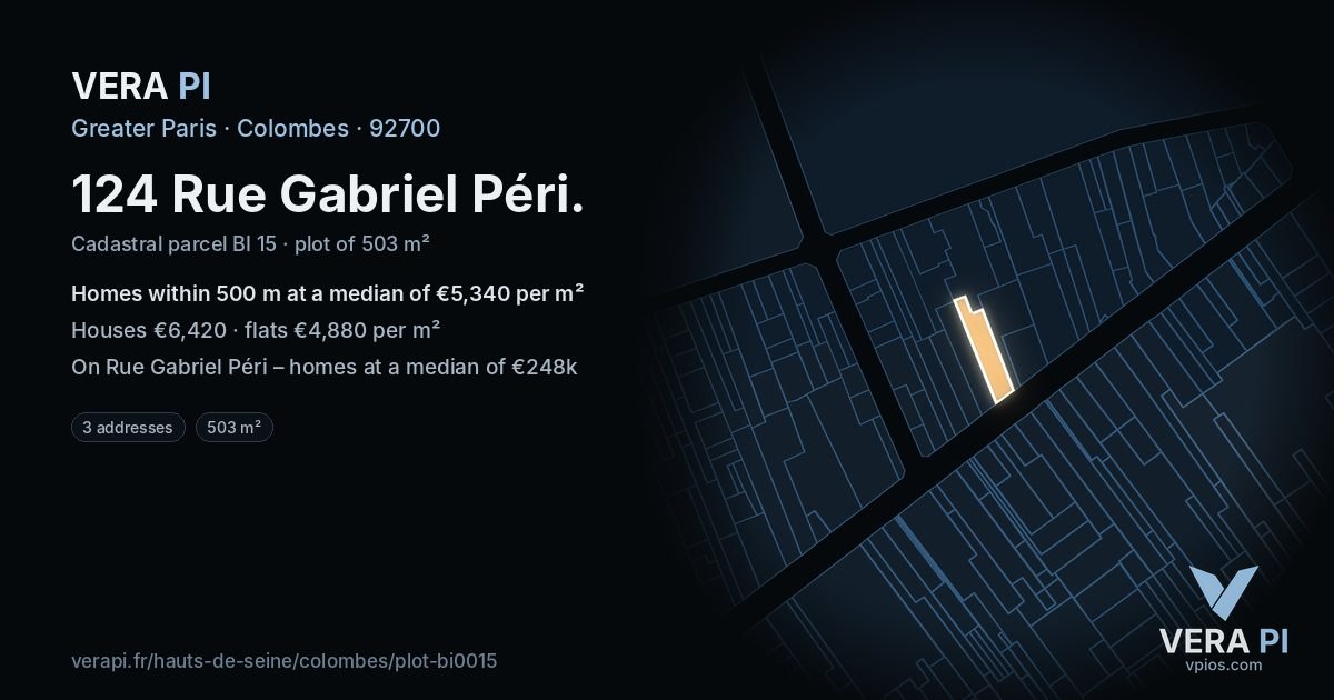 124 Rue Gabriel Péri, Colombes at night – the plot lit, the parcels around coloured by the prices near them