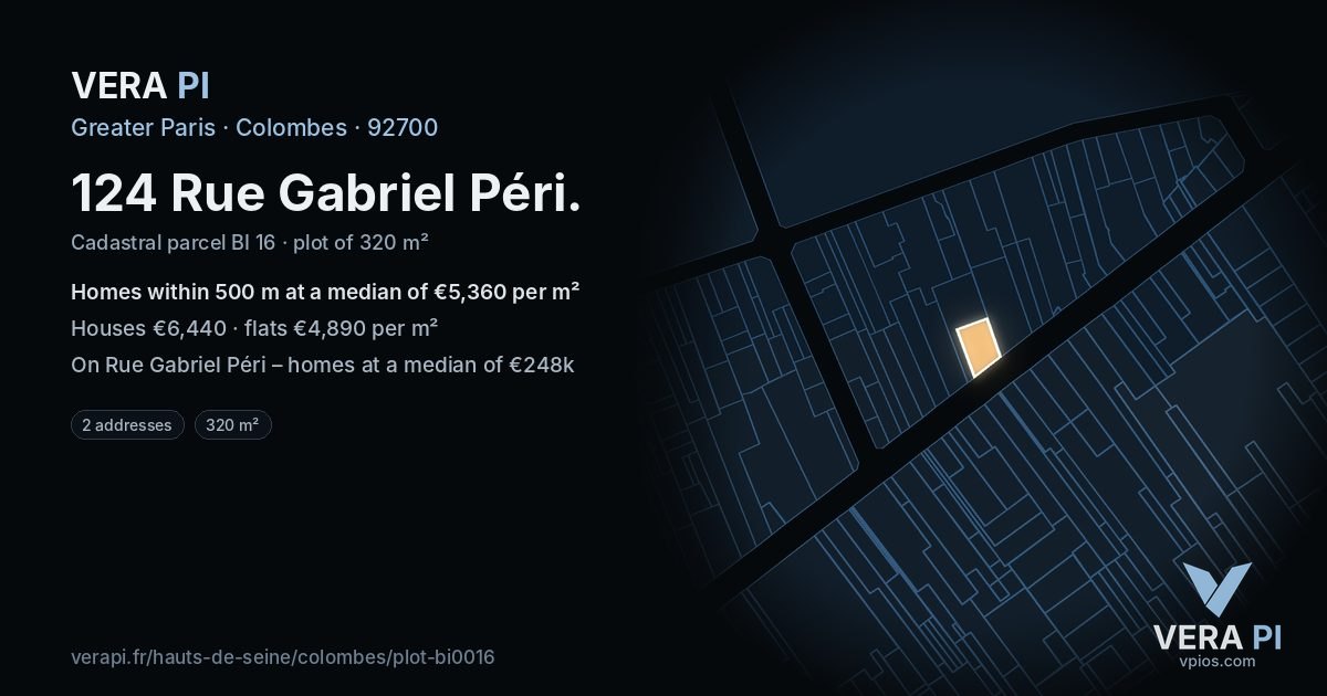 124 Rue Gabriel Péri, Colombes at night – the plot lit, the parcels around coloured by the prices near them