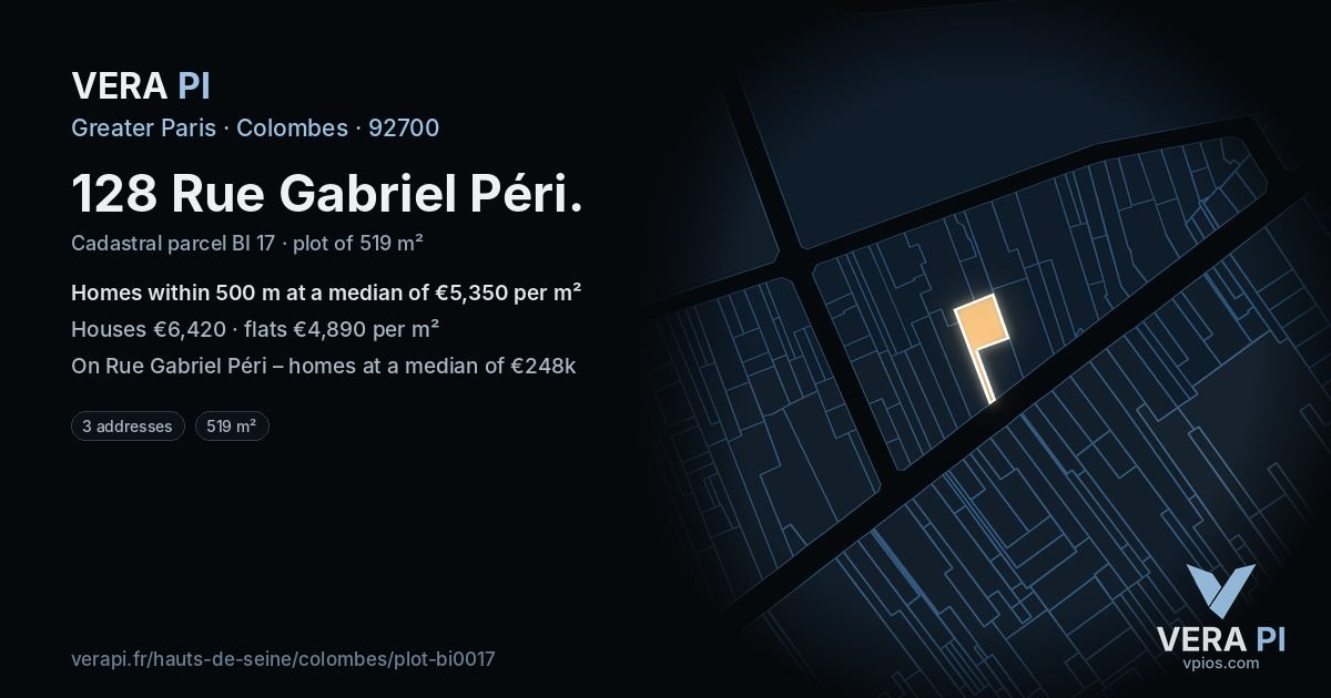 128 Rue Gabriel Péri, Colombes at night – the plot lit, the parcels around coloured by the prices near them