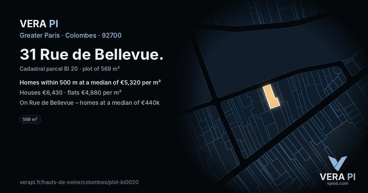 31 Rue de Bellevue, Colombes at night – the plot lit, the parcels around coloured by the prices near them