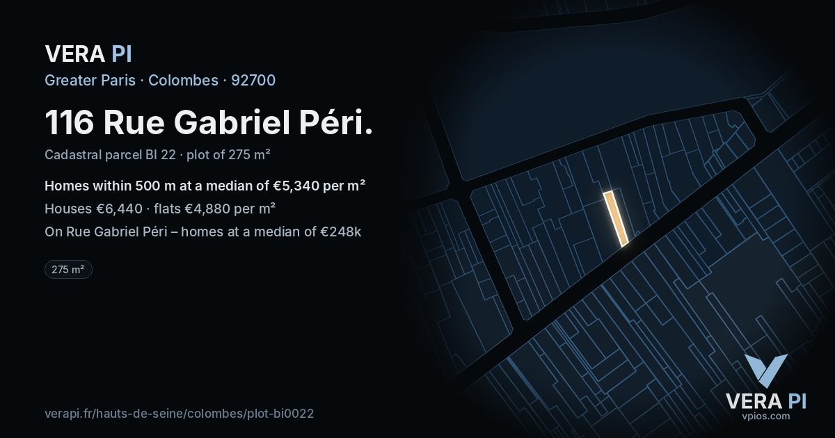 116 Rue Gabriel Péri, Colombes at night – the plot lit, the parcels around coloured by the prices near them