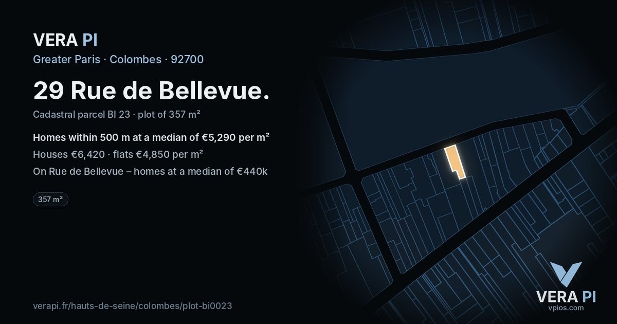 29 Rue de Bellevue, Colombes at night – the plot lit, the parcels around coloured by the prices near them