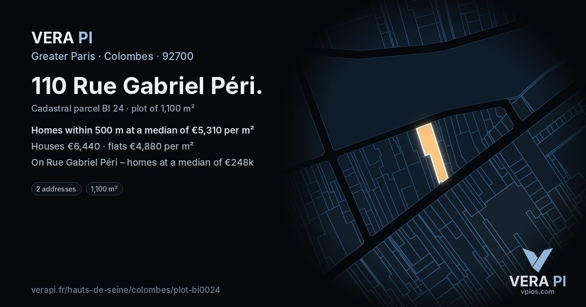 110 Rue Gabriel Péri, Colombes at night – the plot lit, the parcels around coloured by the prices near them