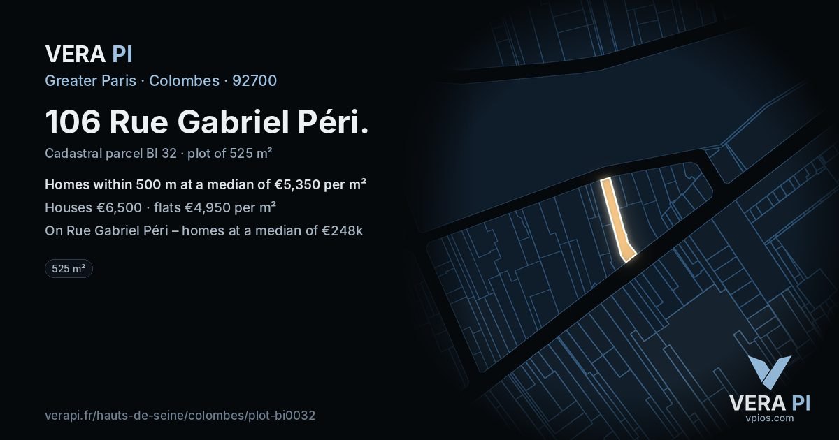 106 Rue Gabriel Péri, Colombes at night – the plot lit, the parcels around coloured by the prices near them