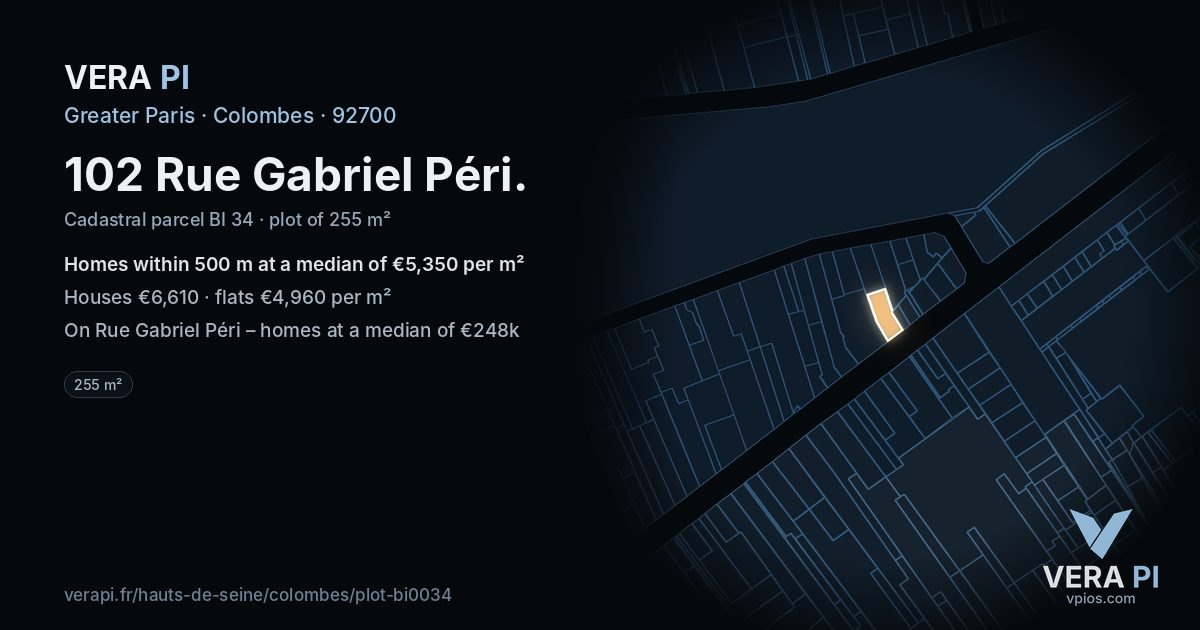 102 Rue Gabriel Péri, Colombes at night – the plot lit, the parcels around coloured by the prices near them